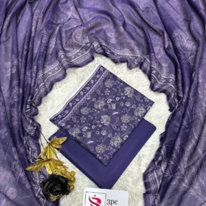 3 Piece Printed Purple Color Unstitched Suit