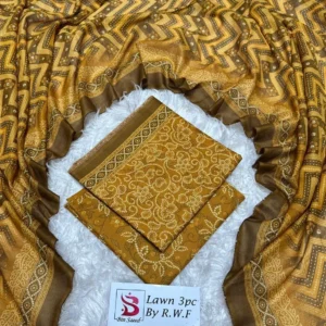 3 Piece Printed Yellow Color Unstitched Suit