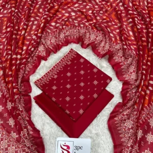 3 Piece Printed Red Color Unstitched Suit