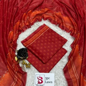3 Piece Printed Red Color Unstitched Suit