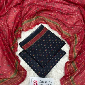 3 Piece Printed Navy Blue Color Unstitched Suit