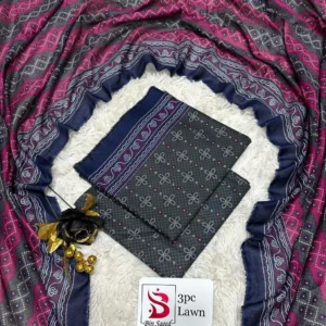 3 Piece Printed Blue Grey Color Unstitched Suit