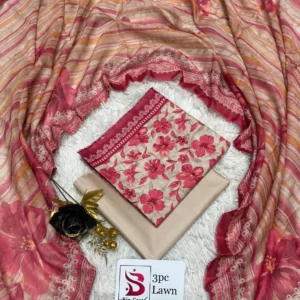 3 Piece Printed Red Cream Color Unstitched Suit